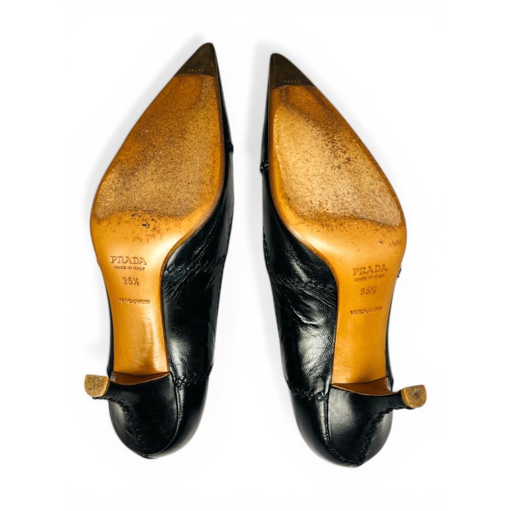 Prada Black Leather Pointed Toe Kitten Heel Pumps EU 35.5 Contrast Stitching Y2K - Picture 4 of 6